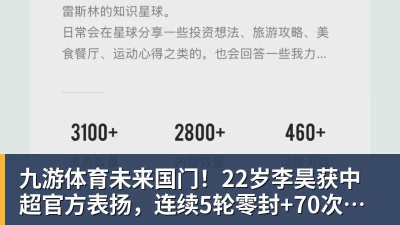 九游体育未来国门！22岁李昊获中超官方表扬，连续5轮零封+70次扑救